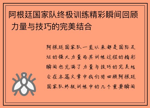 阿根廷国家队终极训练精彩瞬间回顾 力量与技巧的完美结合