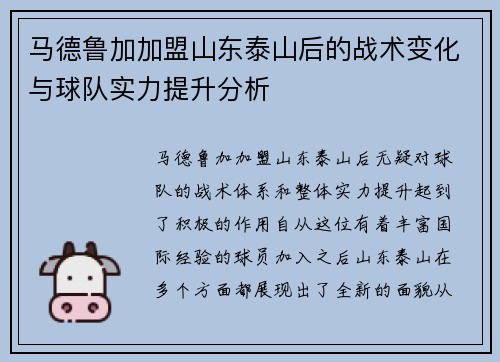 马德鲁加加盟山东泰山后的战术变化与球队实力提升分析
